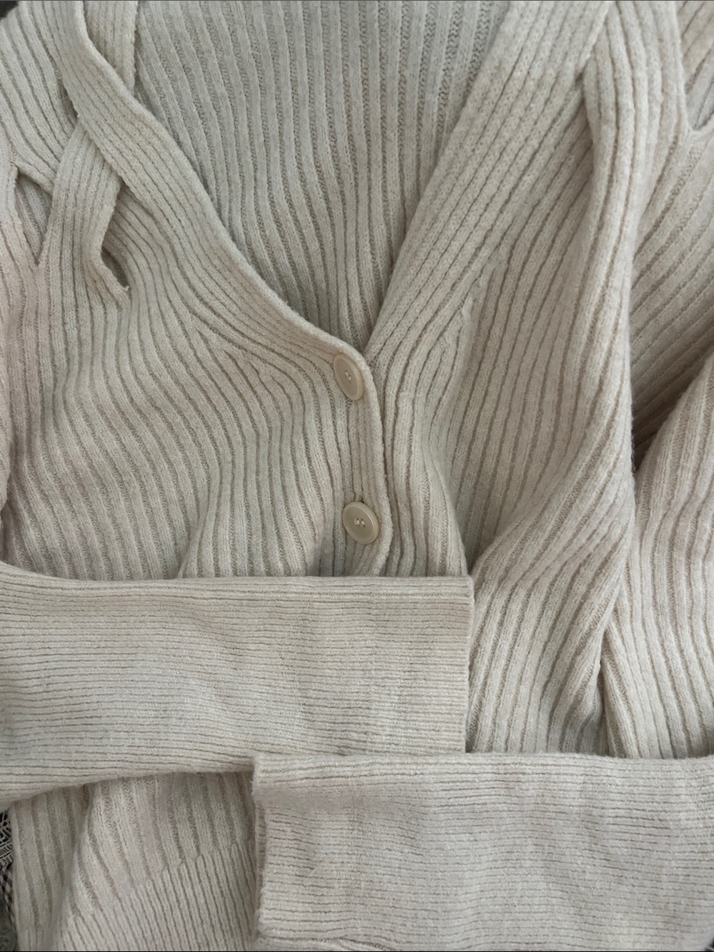 Express Women's Beige Ribbed V-Neck Button Cardigan - Picture 6 of 6